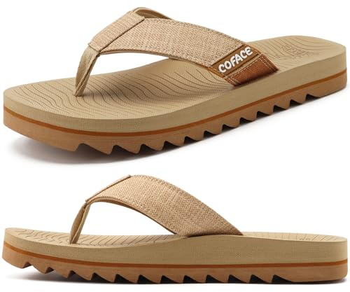 COFACE Men's Flip Flops With Arch Support Comfort Yoga Mat Orthopedic Thong Sandals for Man 2025 Leather Beach Flip-Flop Size 10 Beige Non-Slip Soft Cushion Footbed