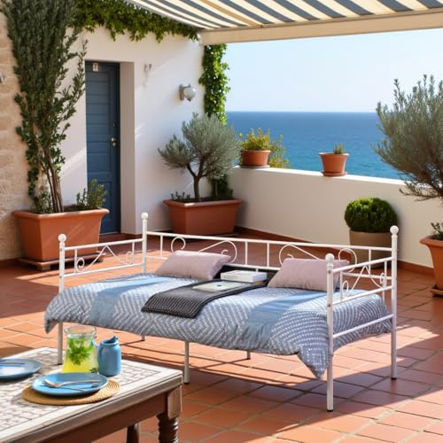 buybyroom Daybed Einzelbett Schlafsofa Bettgestell mit Kopfteil und massiver Metalllamelle Outdoor Bett für Terrasse, Garten, Wohnzimmer (Weiß)