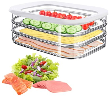 Food Storage Box, Stackable Three-Compartment Design, Refrigerator Meat Container, Bacon Lunch Meat Container for Fridge, Meal Prep Container, BPA Free