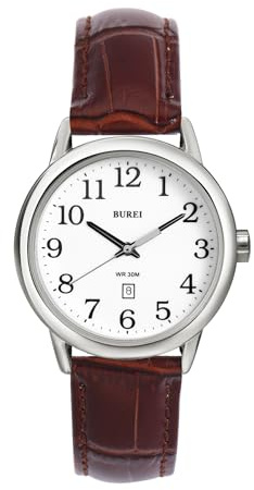 BUREI Damenuhr Schwarz Leder Armbanduhr Analog Wasserdicht Quarzuhr Damen Einfache Business Uhr für Frauen, Leuchtendes Leicht ablesbares Zifferblatt, Geschenke für Frauen (Braun Gold)