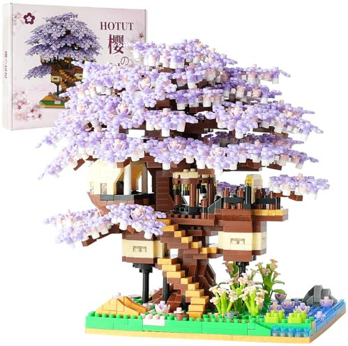 HOTUT Casa del Árbol de Flores de Cerezo, 2229 Piezas Bloques de Construcción de Árbol Bonsái con LED, Micro Mini Bloques, Juego de construcción de árbol de Cerezo en Flor Niños y Adultos (Púrpura)