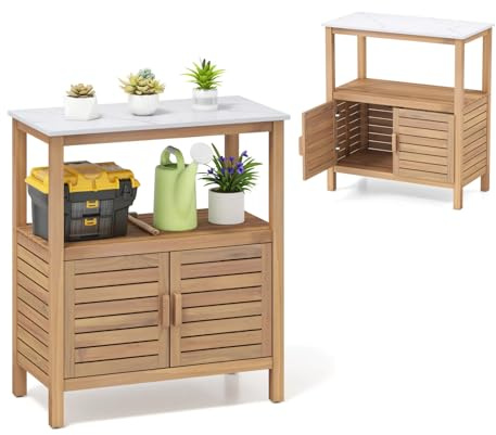 KOMFOTTEU Armadio da esterno in legno massello, mobile portaoggetti con piattaforma, tavolo da invaso da giardino con armadio ad anta 80 x 40 x 90,5 cm, per balcone, ingresso, portico, cortile