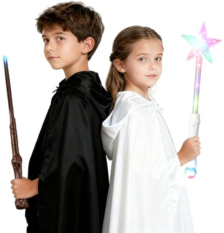 SANCO Magic Wand for Kids - Light Up Wands & Cape Set Include Princess Fairy Wand, Wizard Wand & Dual-Sided Cape, Witch Toys Cosplay Party Favors, Christmas Birthday Gifts for Girls & Boys