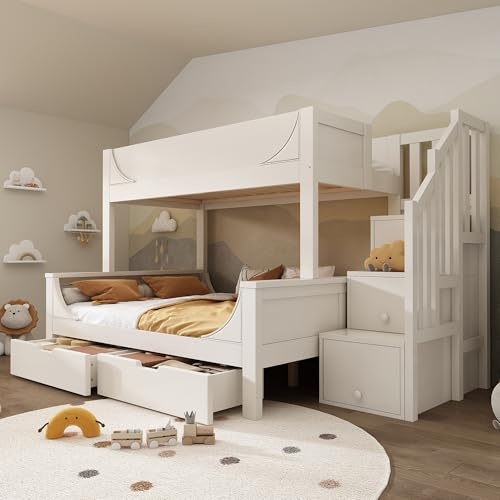 Gelukueub Bunk Beds for Kids, Staircase Bunk with Drawers and Storage, Children's Bed with Storage Unit, Double Bunk Bed for Family with Multiple Children, (90+135) x 190 cm, Solid Wood, White