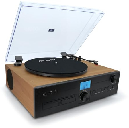 Mooov 477365 - Microcadena HiFi Estéreo 50W con Tocadiscos, Reproductor CD, Bluetooth, Radio FM, USB, AUX-IN, RCA, Mando a Distancia | Equipo de Música Compacto con Sonido Potente y Diseño Elegante