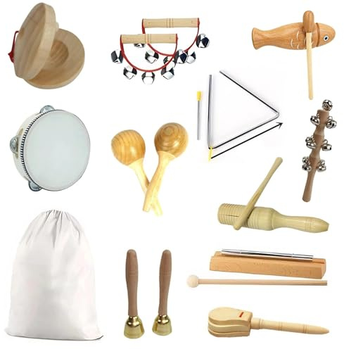 Set di 14 Strumenti Musicali - Completto con Maracas, Campanelli a Mano, Tamburello, Triangolo, Guiro e Sacca per la Custodia, Giochi Montessori Legno, Educativi Interattivo Regalo Compleanno Natale
