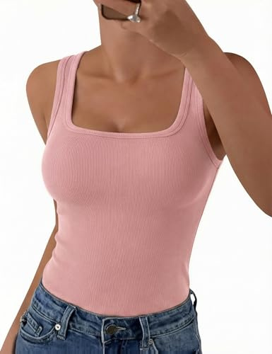 Aottori Canotta Donna Scollo Quadrato Tank Top Elegante Slim Fit Basic Canottiera a Coste Elasticizzato Shirt Senza Maniche Sexy Rosa XXL