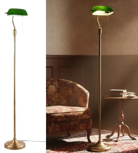 BARCELONA LED Lámpara de Pie Vintage Banquero con Pantalla Orientable Verde y Base de Latón Envejecido, casquillo E27. Estilo Retro. Lámpara de pie de lectura para oficina, Despacho