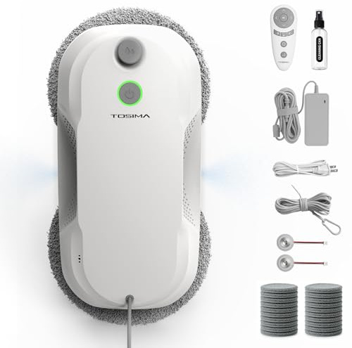 Tosima W5 Pro 6400 Pa Robot Lavavetri, Doppia Spruzzatura ad Ultrasuoni, Pulitore Automatico per Vetri, Telecomando, 20 Panni in Microfibra si attacca a pali telescopici (Blanco)
