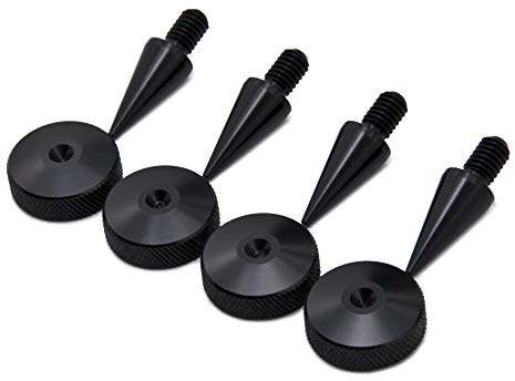 PrecisionGeek – aluminium svart eloxerade högtalardubbar M6, kon 10 mm diameter och dynor, vibrationsdämpare, golvskydd räfflade 20 mm i diameter, set med 4 spikar och 4 dynor