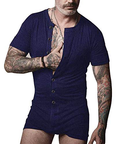Muscle Alive Uomo Tuta Intera da Maniche Corte Uomo in Tutina Henley in Cotone Elasticizzato Super Confortevole Blu Navy L
