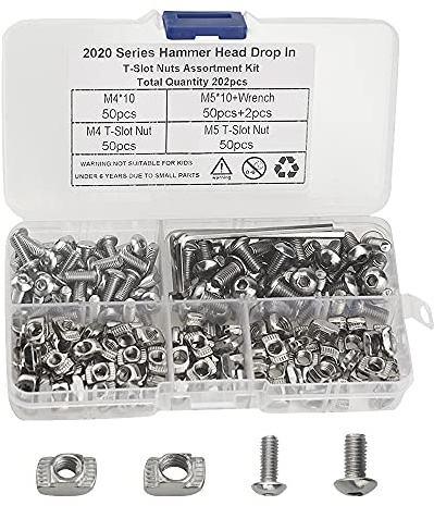 XINGYHENG 200Pcs M4 M5 T Nuts Hammer Head Fastener Nut Drop in T Slot Nut Assortment Kit Nickel Plated Carbon Steel with Screws and 2 Wrenches for Aluminum Profile