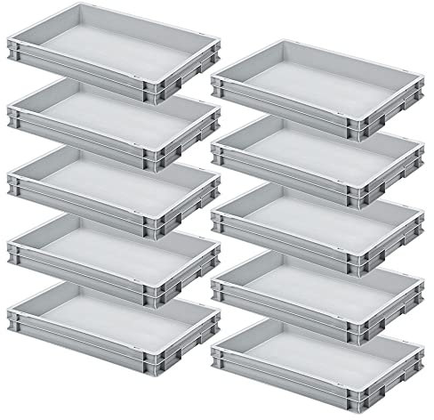 Lot de 10 récipients Euro avec 2 poignées, 600 x 400 x 75 mm, gris.