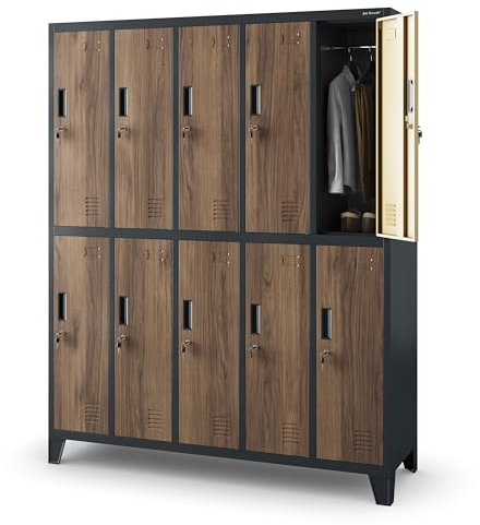 Jan Nowak Umkleideschrank 5B2A Spind Spint Schließfachschrank Metallschrank mit 10 Fächern Etikettenhalter Lüftungsschlitze Metall Pulverbeschichtet 172 x 136 x 45 cm (H x B x T) (Anthrazit-Holzoptik)