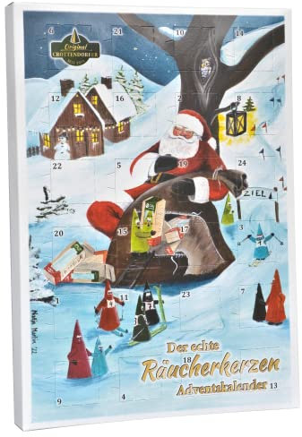 Crottendorfer Räucherkerzen - Adventskalender mit 24 Räucherkerzen - 2022er Motiv Weihnachtsmann und der Winterurlaub - Made in Germany