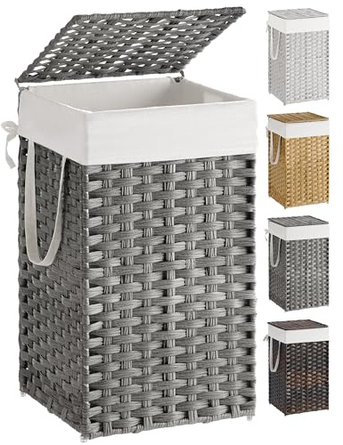 SONGMICS Laundry Hamper with Lid, 17.2 Gallon (65 L) Synthetic Rattan Clothes Laundry Basket with Lid and Handles, Foldable, Removable Liner, Dove Gray ULCB165G01