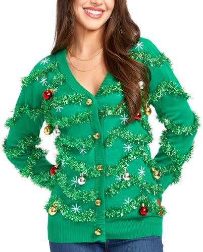Tipsy Elves Classic Cute Cardigan Ugly Christmas Sweaters for Women with Fun Patterns and Animals - Women's Colorful Green Gaudy Garland Christmas Cardigan Size 1X