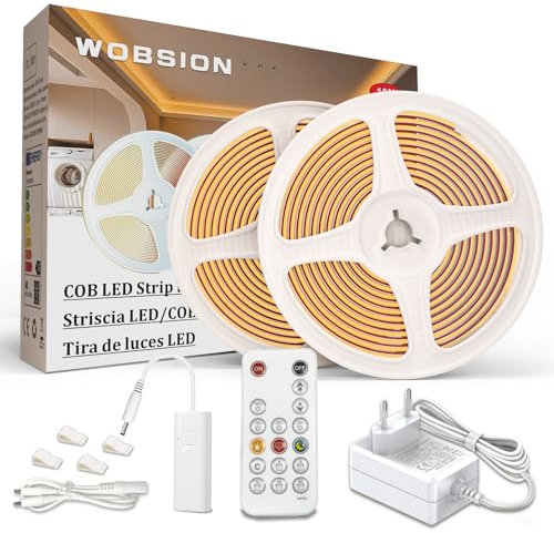 WOBSION 10M LED Streifen Warmweiß mit Netzteil und Fernbedienung,CRI92 COB Band für Home,3mm Dünn Stripe Light with 320 LEDs/M,Flexibel Helles 24V DIY Lichtleiste 3000K,Strip Geeignet Indoor