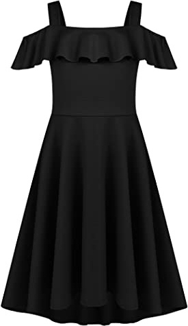 Arshiner Abito con Bretelle per Ragazze Estivo Casual Vestito per Bambini Maniche con Volant Festa Sera Linea A Abito di Halloween Casual con Tasca Nero 10-11 Anni