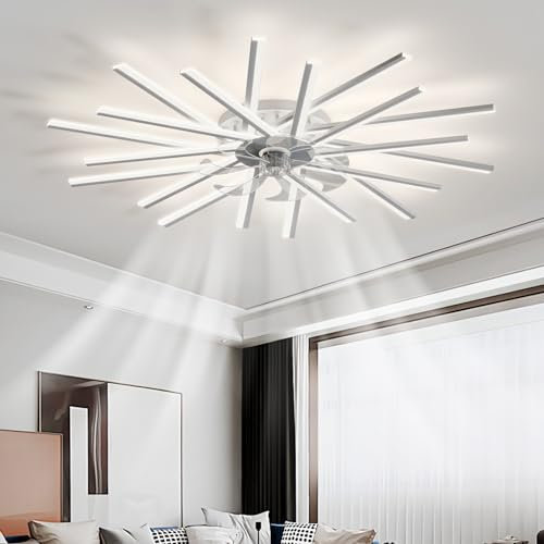 TuoyuanW Ventilador De Techo con Luz Memoria Regulable LED Salón Lampara Ventilador Techo 6 Velocidades Timer Reversible Silencioso Ceiling Fan with Light con Mando A Distancia Y App-White||100CM