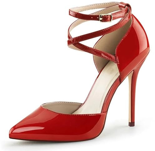 blingqueen Damen Riemchenpumps Klassische Spitze High Heels Stiletto Schnalle Lack Rot 45 EU