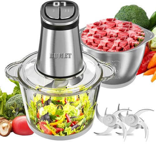 BUMET 2X12-cup bowls 800W Electric Food Processor with LED timer. 3-Tiered 6 Cutting Edges blade for mincing, chopping, Ideal as meat grinder, fresh vegetables chopper, pet food process in kitchen.