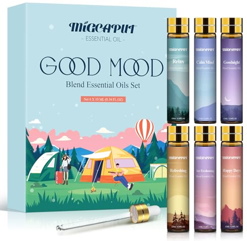 MIGCAPUT Buen Humor Aceites Esenciales Set 6 x 10ML, Aromaterapia Aceites Aromáticos para Humidificador, Difusor, Refrescar el Aire - Relajar/Mente Tranquila/Buenas Noches/Refrescante/Días Felices