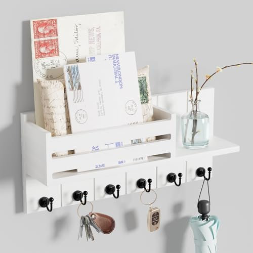 SWTYMIKI Key Holder for Wall - Key Hooks Wall Mounted with Shelf Includes Letter Holder & 6 Hooks, Key Racks with Mail Organizer, Key Hanger for Living Room, Kitchen, Office, Entryway, Bedroom(White)