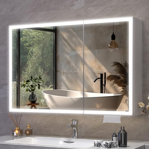 Aovquof Armario con espejo con iluminación - 100×60 cm Armario con espejo para baño con espacio de almacenamiento, espejo de baño con luces LED ajustables y atenuables con función antiempañamiento
