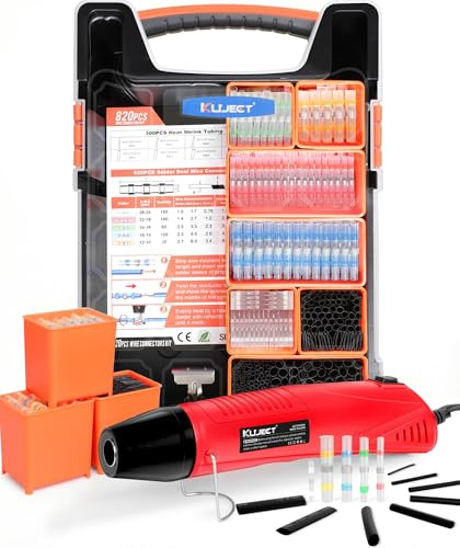 Kuject Mini Heat Shrink Gun Kit, 820PCS Solder Seal Wire Connectors & Heat Shrink Tubing Kit, Waterproof Heat Shrink Wire Connectors Kit with 482~752°F Heat Gun for Marine Automotive Wiring, AWG26-10
