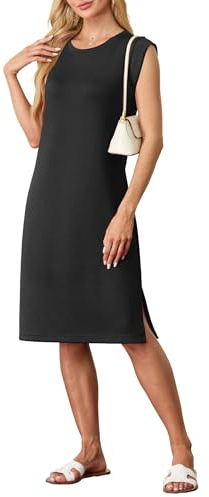GRECERELLE Vestido midi de verano para mujer, informal, sin mangas, con abertura lateral y bolsillos, elegante longitud midi, Negro , XXL