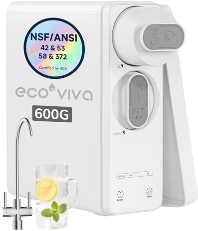 Ecoviva Under Sink Tankless 8 Stage Reverse Osmosis Water Filter with SGS 58 Certified, 600 GPD & 2.5:1 Pure to Drain Ratio, Under Sink RO Water Flitration System for Home, Dual Output Option White