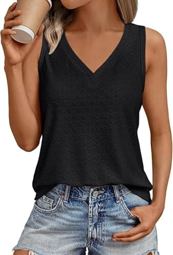 Sukiglam Canotta Donna Estiva Tank Tops Elegante Senza Maniche Canottiera Sexy Scollo a V Maglietta Ricamo a Occhielli Camicette Casual vestibilità Larga Blusa Shirt Boho Abbigliamento