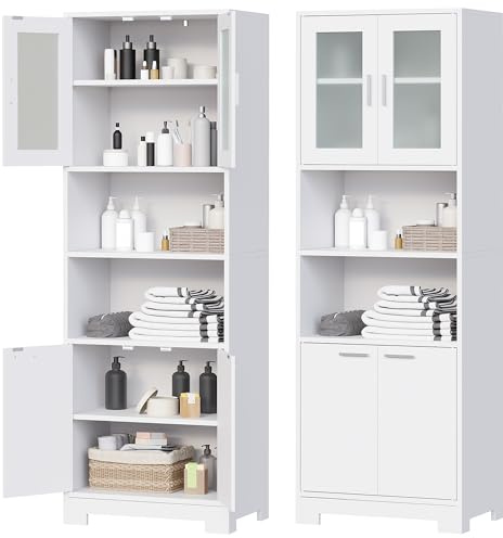 BEWISHOME Armario Alto de Baño, Columna Mueble Auxiliar con 2 Estantes Abiertos de Baño Estantes Ajustables, con Kit Antivuelco, para Cocina, Salón, de Moderno 40x60x180 cm Blanco EYYG04W