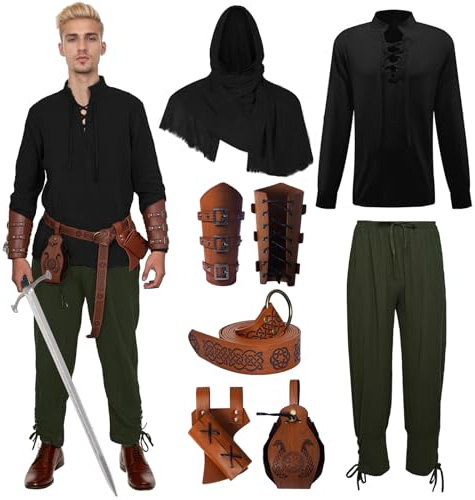 Medeltida herrrenässanskostymset, vikingkostym snörskjorta herrbyxor med tillbehör, halloweenkostym för cosplay, maskerad, magiker