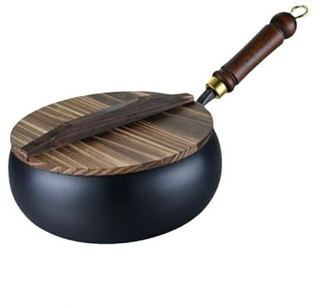 Générique Wok cinese realizzato a mano in ghisa con coperchio e manico in legno, padella antiaderente, diametro 24 cm, metodo tradizionale, senza rivestimento per fornelli a gas e induzione