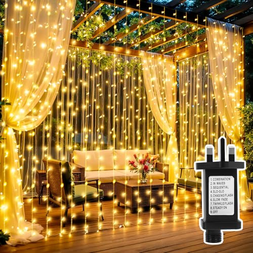 YIBONIKA Curtain Lights 3mx3m 300LED Outdoor Indoor Curtain Fairy Lights Plug in, Waterproof Hanging String Lights with 8 Modes, Timer and Memory for Wedding Christmas Party Garden, Warm White