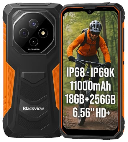 Blackview Fort 1 AI Smartphone Resistente, IA Mágico Editor de Fotos, 18GB+256GB, Batería 10000mAh, 16MP+8MP, 6.56'' HD+, Resistencia IP68 IP69K Antigolpes Teléfono, Android 15, Dual SIM, NFC Naranja