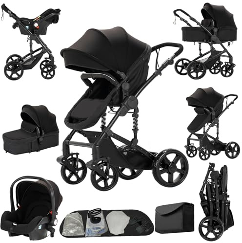 Aveainelle Cochecito 3 en 1, CochIT de Viaje Reclinable y Reversible, Carricoche Carro 3 Piezas Plegable con Un Solo Clic, Carrito con AccITorios Completos y Frenos DoblIT (588 Black)