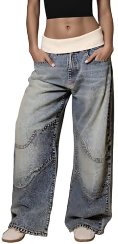 Unybwonn Women Baggy Cargo Jeans High Waist Patchwork Trendy Vintage Denim Pants Wide Leg Distressed Jeans with Pockets, 01 Light Blue, Large