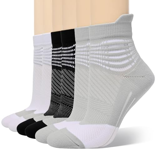IRAMY Kompressionsstrümpfe Damen Knöchelstütze Laufsocken Compression Socks Kompressionssocken Wicklung Sportsocken Gepolsterte Plantar Fasciitis kurz 3 Pairs (Black+White+Grey M)