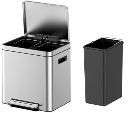 Takywep 2x8 Gallon Stainless Steel Trash Can with Soft-Close Lid & Foot Pedal, Rectangular Recycling Bin with 2 Removable Buckets for Kitchen, Office, Home Waste Separation