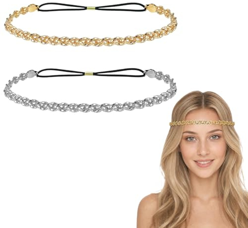 2-pack pannband med strass i guld och silver för damer, elastisk huvudkedja med kristaller, håraccessoarer för bröllop och fest