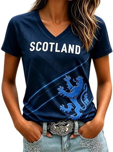 Skottland fotboll toppar kvinnor 2026 VM skjortor grafiska tryckta sport träningströjor lätt andningsbar England fotboll skjorta kortärmad v-hals damer fotboll t-shirt Skottland tröjor, 02#blå, S