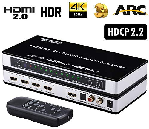 Tendak - Commutatore HDMI 2.0 4 Porte 4K Switch 4 su 1 Con Estrattore Audio L/R e Telecomando, Supporta UHD 4K@60Hz HDCP 2.2 ARC 3D