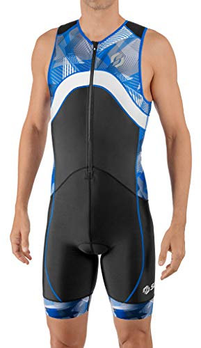 SLS3 Costumes de triathlon pour homme - Combinaison de triathlon FX Premium pour homme - Sans manches - Grande poche arrière, Noir/Bleu Geo, Small