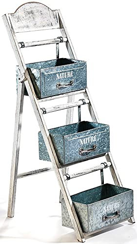 Kobolo Blumenleiter Blumentreppe - DREI Etagen Schubladen - Vintage - Weiß Grau