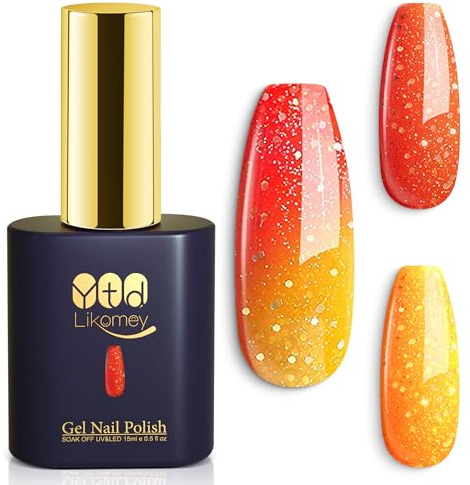 YTD Likomey Color Changing Gel Polish,15ml Yellow To Orange Gold Glitter Mood Temperature Change Colors Ombre Thermal Salon Home Nail Art Manicure UV Nails Gel Varnish,WB01
