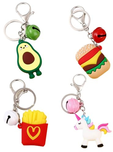 WANGCL Lot de 4 pièces de dessin animé Food Keychain - Avocat Burger Fries Cheval Blanc Pendant Ornament for Bags, Car and Women Accessories