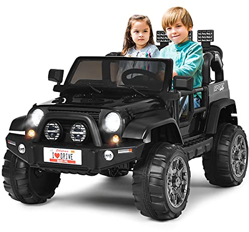 COSTWAY 12 V Coche Eléctrico Montable, Vehículo Eléctrico de Batería con 2 Asientos con Mando 2,4 G, Suspensión de Muelles, 3 Velocidades, Luces LED, Furgoneta Montable para Niños +3 Años (Negro)